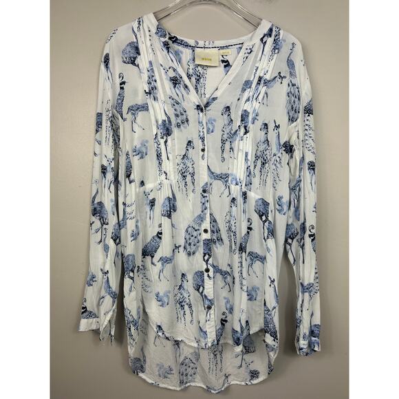 Maeve Animal Printed Top Blue Sz Medium Whimsical Boho - Picture 2 of 9